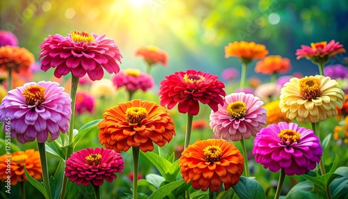 Fototapeta Naklejka Na Ścianę i Meble -  A vibrant garden scene with colorful flowers and bright sunlight