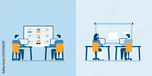 Two different office work scenarios shown side by side one with remote video conferencing and the other with in person collaboration
