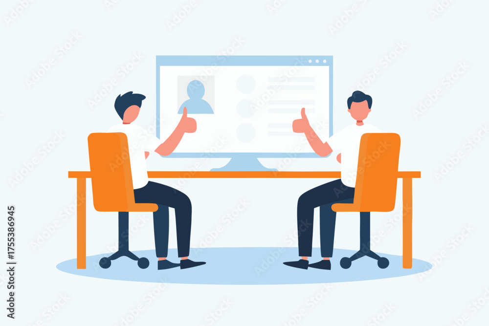 Fototapeta premium Two men giving thumbs up in front of a computer screen displaying profile information