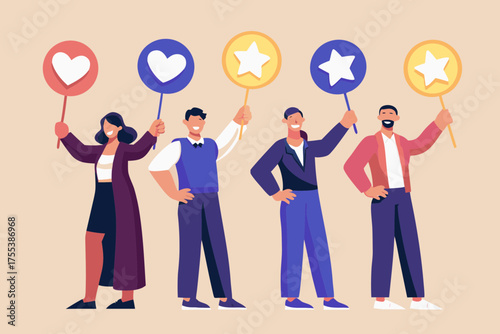 Diverse group of people holding signs with hearts and stars representing ratings and feedback