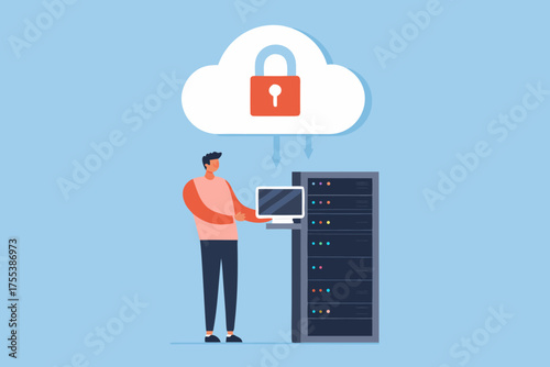 Man working with computer and server rack connected to a secure cloud with a padlock symbol