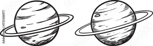 Two hand drawn planets with rings silhouette