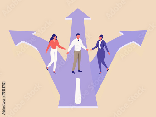 Diverse business people stand at a crossroads facing different paths and making choices for their future