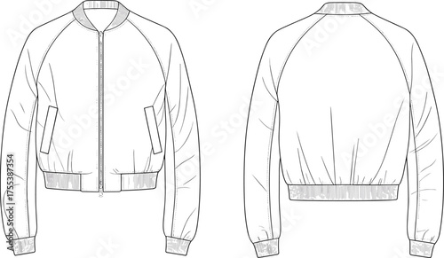 Bomber jacket technical fashion flat sketch, front and back view outerwear design, ribbed cuff and hem, detailed vector illustration