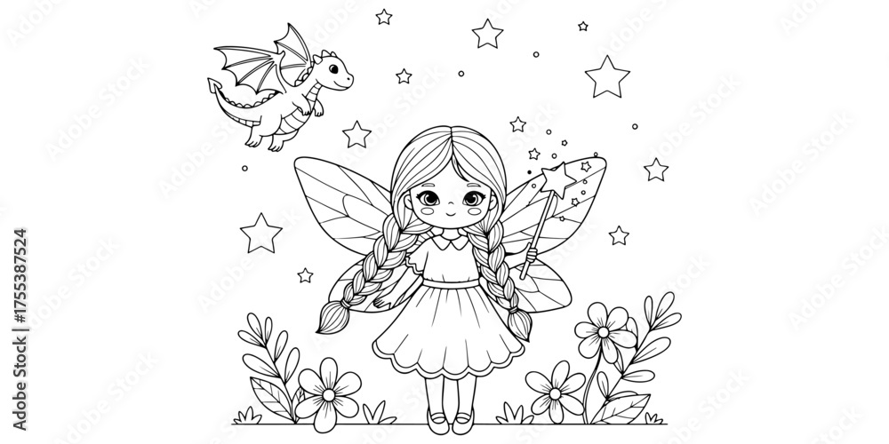 Obraz premium Monochrome Fairy and Dragon Coloring Page Art