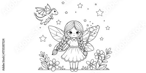 Monochrome Fairy and Dragon Coloring Page Art