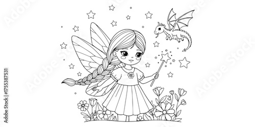 Whimsical Fairy Tale Line Art with Flying Dragon