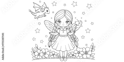 Adorable Fairy Girl and Small Dragon Outline Drawing