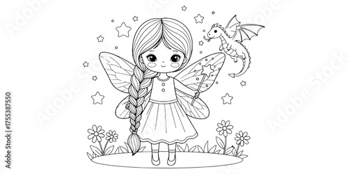 Enchanted Fairy and Dragon Monochrome Illustration