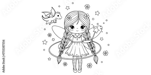 Cute Fairy with Braided Hair and Flying Dragon Line Art