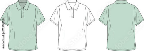 Classic short sleeve polo shirt technical flat sketch, vector CAD drawing front and back view, fashion apparel design template illustration