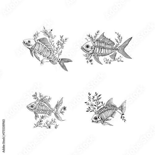 Set of four vintage line art illustrations featuring fish skeletons or bone structures intertwined with delicate floral elements