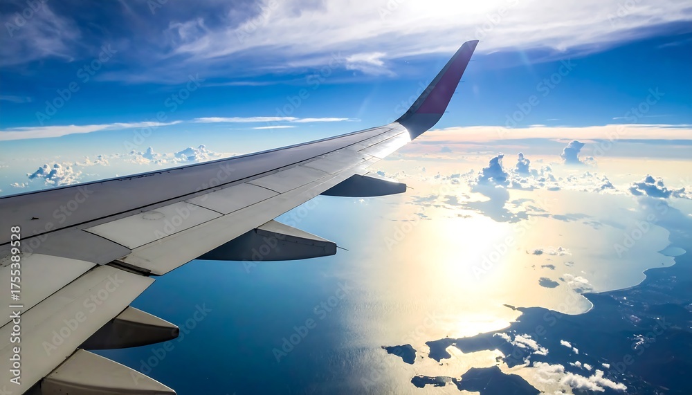 Fototapeta premium Aerial view from an airplane window, wing, sea, clouds, and bright sun