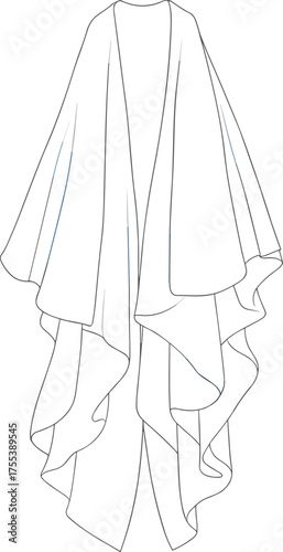 Elegant women draped long cardigan with flowy layered hem and open front, modern outerwear fashion CAD drawing flat vector illustration
