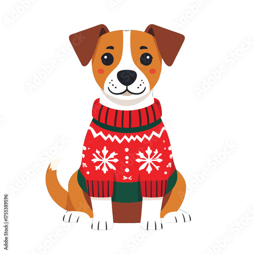 Animated Dog with Brown Markings Wearing a Red and Green Christmas Sweater Featuring White Snowflakes and a White Background in Digital Illustration