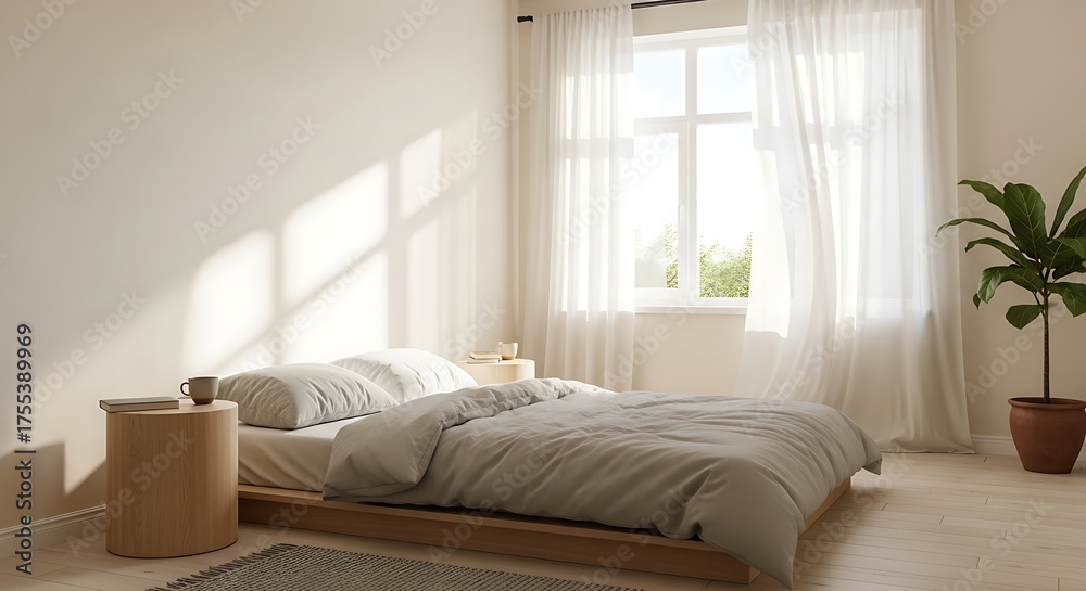 Fototapeta premium Minimalist bedroom bathed in sunlight