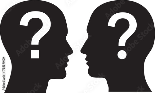 Two head silhouettes with question marks silhouette