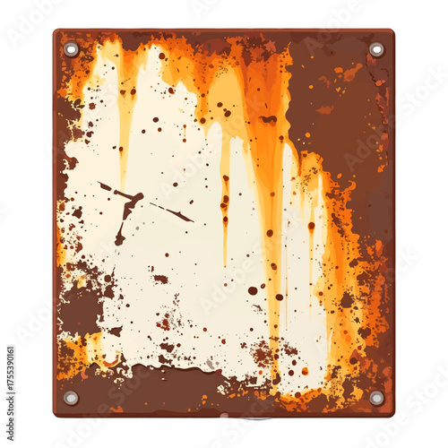 Distressed Metal Square with Rust and Discoloration on White Background with Silver Fasteners Texture Illustration