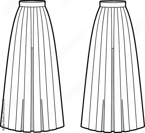 Elegant women's long pleated skirt technical flat sketch with waistband and panel details, classic fashion CAD drawing flat vector illustration