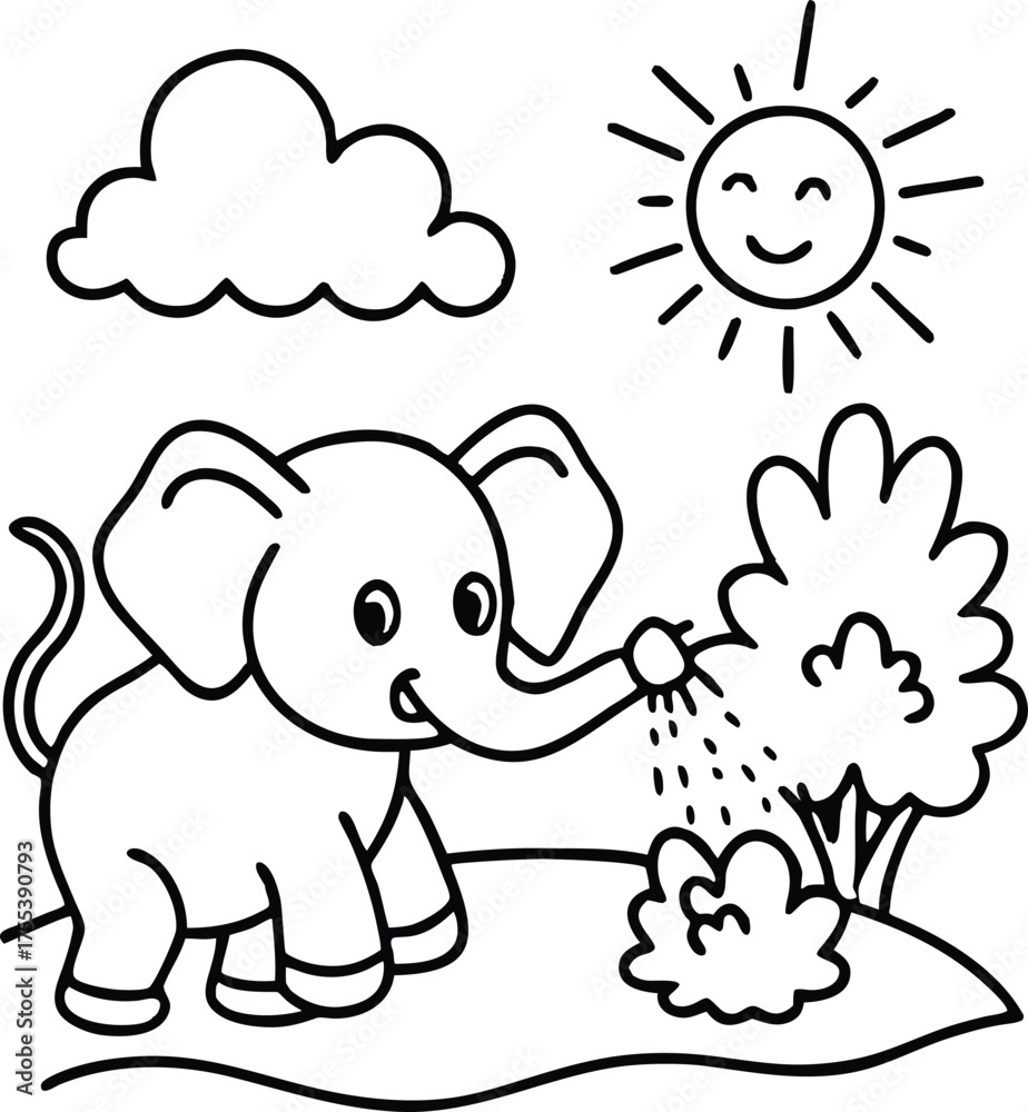Obraz premium Cartoon elephant is spraying water on bushes under sunshine and clouds, transparent background