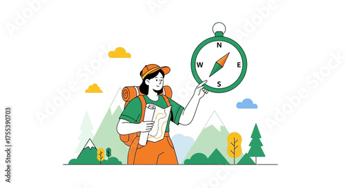 Adventurer Using Compass And Map For Outdoor Exploration In Mountains Illustrated