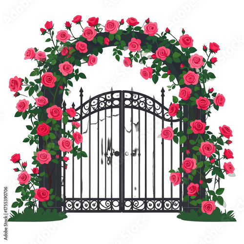 Ornamental Iron Gate with Red Roses and Green Vines on White Background Pixel Art