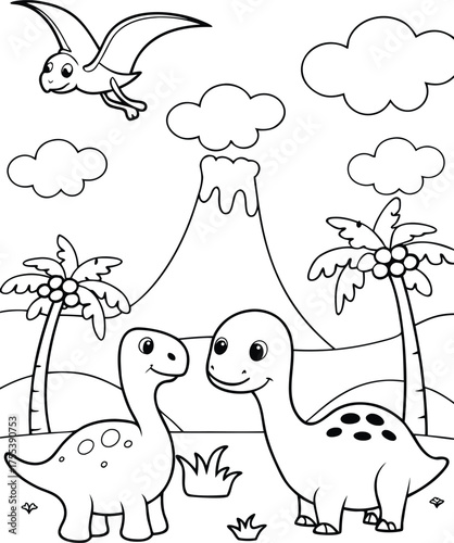 Two outlined cartoon dinosaurs stand smiling near palm trees with a flying pterodactyl