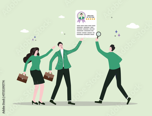 business professionals reviewing a document — an "Employee of the Year" award certificate — symbolizing a company’s recognition of an exceptional employee.
