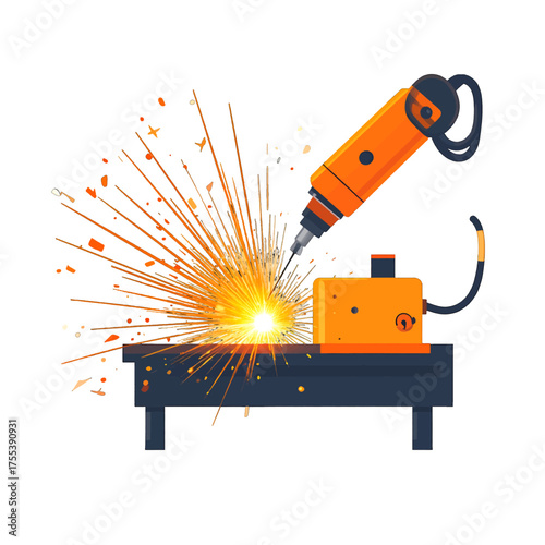 Robotic Welder Producing Bright Sparks on Gray Table in White Background