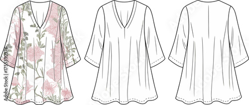 Floral printed V-neck tunic fashion flat sketch, women top front and back view, stylish blouse design, vector CAD illustration
