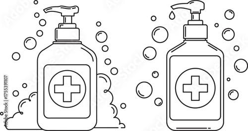 Hand sanitizer bottles with bubbles silhouette