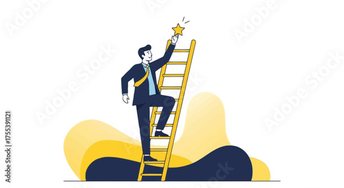 Ambitious Achiever Reaching for Success: A Businessman Climbing a Ladder to a Star