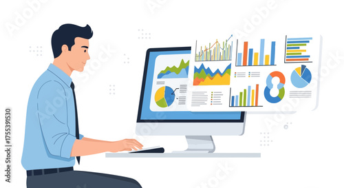 Analyzing Data: A Professional Man Works With Charts and Graphs on a Computer Screen