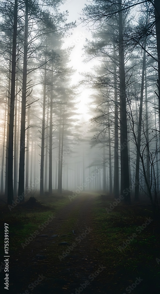 Obraz premium Misty forest path at sunrise