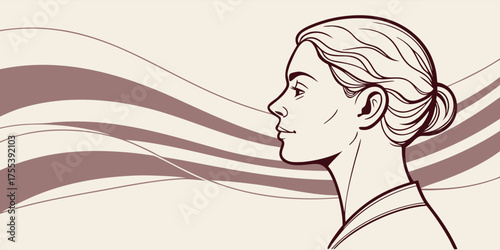 Illustrative Profile of a Woman Gazing Towards Flowing Abstract Designs