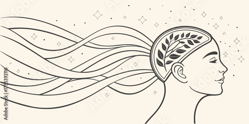 Elegant Woman Profile with Flowing Hair and Nature Inspired Headband of Leaves