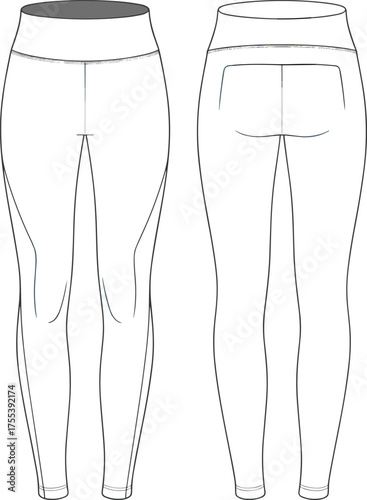 High waist women leggings technical fashion flat sketch, front and back view, athletic yoga pants design, vector CAD drawing illustration