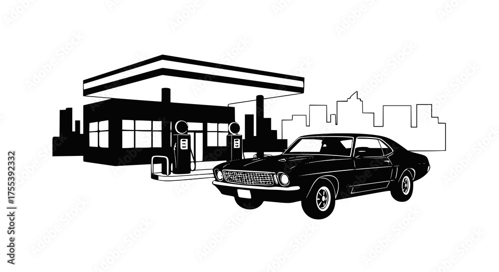 Fototapeta premium Car gas station in retro style. Classic car with gas station, black vector silhouette. JPEG version.