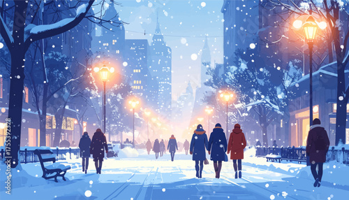 Snowy city streets with glowing lamplights at night. People walking in winter city scene under falling snow. Snow-covered street with glowing lights and snowflakes. Busy snowy street with pedestrians