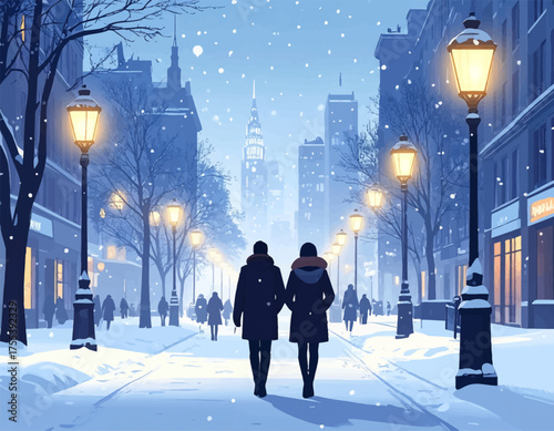 Romantic walk through a snowy city street. Cozy couple enjoying a winter evening in the city. Winter night stroll down a city street under snow. Snow-covered street with couple strolling together