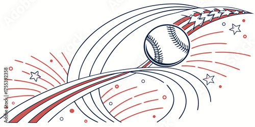 Baseball soaring through patriotic fireworks and swirling celebratory motion