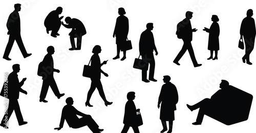 Silhouetted Crowd Engaging in Various Activities A Diverse Group of People in Motion and Leisure