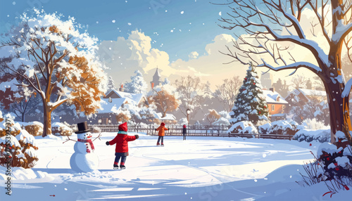 Winter fun with kids ice skating on frozen lake. family enjoying winter ice skating under snowy trees. Kids skating on a frozen pond in snowy park. peaceful winter scene with snow and ice skating fun