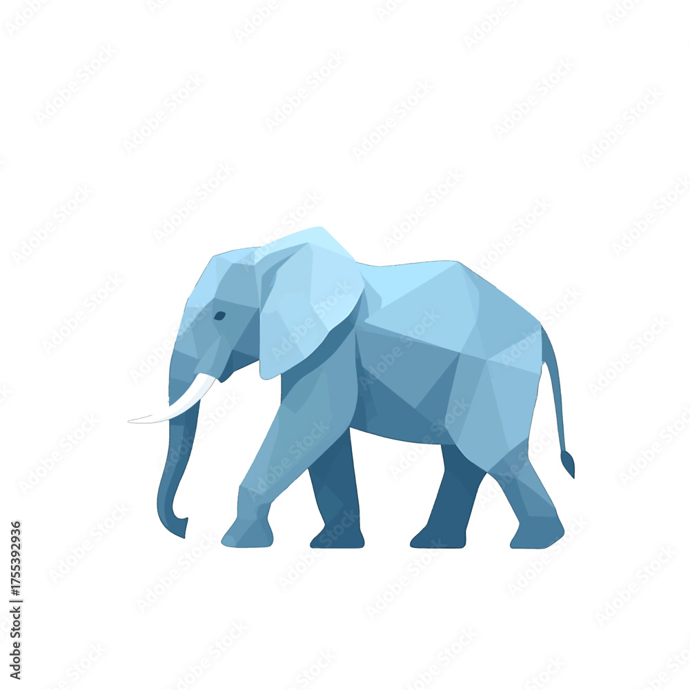 Fototapeta premium Polygonal Elephant Illustration in Pale Blue Tones Walking on White Background