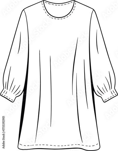 Long sleeve tunic dress fashion flat sketch, casual women apparel design, loose fit top technical drawing, vector clothing CAD illustration