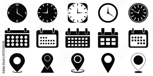 Time, date and address icon set. Travel concept or booking. Calendar, clock, location. Editable vector. Time and Location Symbols for Various Purposes. Event vector icons illustrations. eps 10