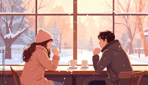 Cozy café date in the snow, sipping hot drinks by the window. A warm and intimate coffee date on a snowy winter day. Romantic café setting with snow falling outside and coffee