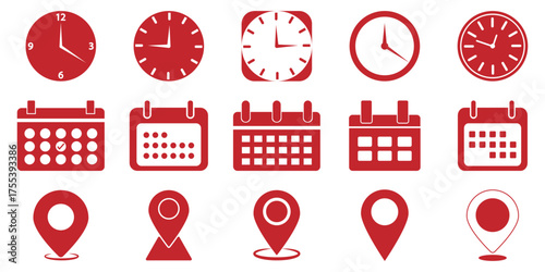 Time, date and address icon set. Travel concept or booking. Calendar, clock, location. Editable vector. Time and Location Symbols for Various Purposes. Event vector icons illustrations. eps 10