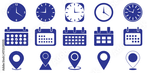 Time, date and address icon set. Travel concept or booking. Calendar, clock, location. Editable vector. Time and Location Symbols for Various Purposes. Event vector icons illustrations. eps 10