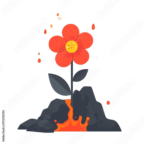 Volcanic Flower Erupting From Rocky Terrain with Lava Flow in Cartoon Style